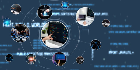 Computer programming, coding and AI artificial intelligence software development engaged by skilled...