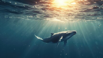 A whale swimming from the deep sea to the surface, under the underwater light rays of the sun. 