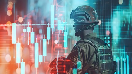 A soldier and stock charts dual exposure. Representing that the soldier sacrifice his life for the economy.