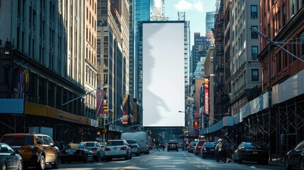 A blank vertical billboard towering above a city street, showcasing potential advertising concepts