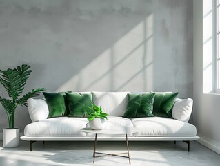 White sofa with green pillows and coffee table near window against gray wall in the living room.
