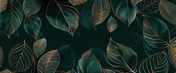 Luxury background with golden line art leaves on emerald green marble texture. AI generated illustration