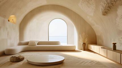 Soft light fills a minimalist living room, where a curved sofa basks beneath an arched window, inviting relaxation and offering space for inspiration.
