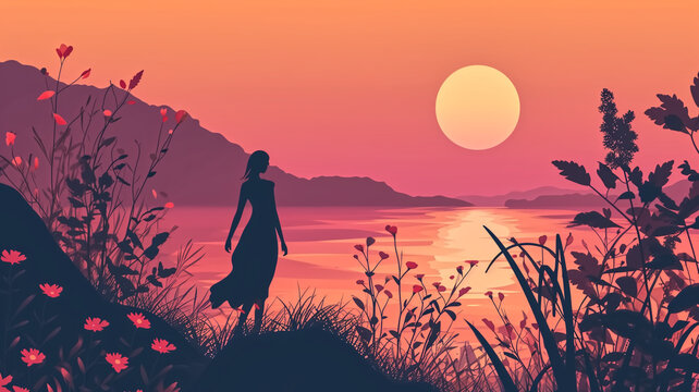 A serene scene depicting a woman's silhouette against a vibrant sunset sky, reflecting on a tranquil lake with wildflowers.

