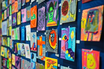 Display of children's artwork paintings displayed in an exhibition emphasizing creativity on Children's Day