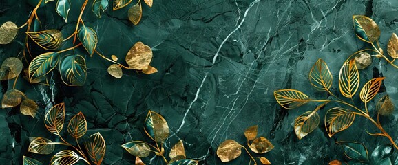 Luxury background with golden line art leaves on emerald green marble texture. AI generated illustration - obrazy, fototapety, plakaty