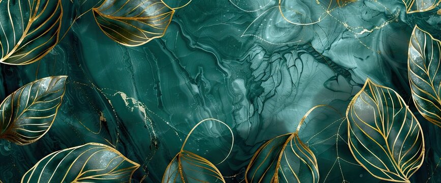 Naklejki Luxury background with golden line art leaves on emerald green marble texture. AI generated illustration
