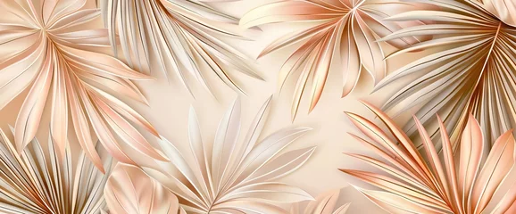 Fototapeten 3d render, palm leaves hanging down wallpaper background with copy space in pastel tones. AI generated illustration © moon