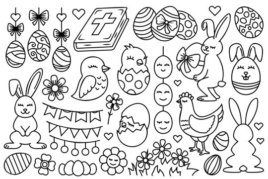 Line art Easter illustrations. Linear Easter drawings as bunnies, decorated eggs, chickens, flowers. Festive outline illustrations collection with black thin line isolated on white background.
