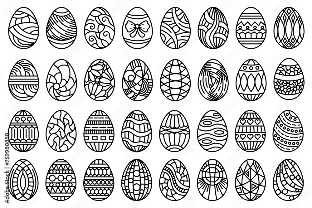 Poster decorative easter eggs collection. line art stylized, patterned easter egg decorations set. abstract - Posters