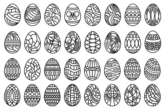 Decorative Easter eggs collection. Line art stylized, patterned Easter egg decorations set. Abstract festive ornate design elements.