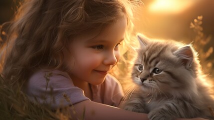 Little girl and her kitty, nestled on the grass, sharing joy and affection in the outdoors.