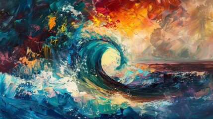 A painting depicting a powerful wave crashing in the ocean, with foamy white caps and deep blue hues.