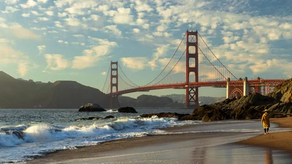 Glasschilderij Baker Beach, San Francisco Evening walk near Golden Gate Bridge