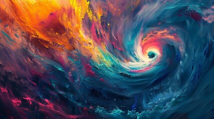 An abstract painting featuring vibrant swirls of colors blending together in a dynamic and visually striking composition. - obrazy, fototapety, plakaty