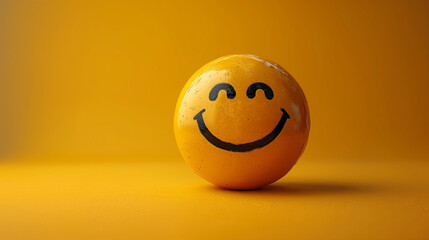 Yellow positive smiling face icon with copy space. Concept of positivity, happiness and joy. Yellow day.