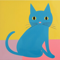 Funny card for birthday. Portrait of blue cat on yellow and pink bright color background