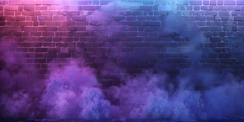 Abstract brick wall bathed in purple and blue neon lights, with a soft fog rising from the base