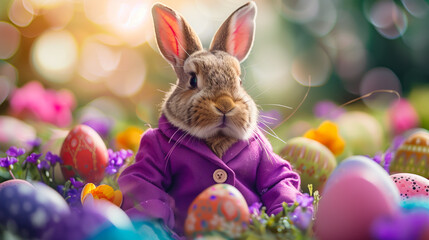 Fototapeta na wymiar Fashion-forward bunny celebrating Easter among painted eggs.