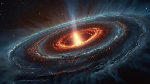 Video of matter being ejected from the core of a spinning galaxy in deep space, generative ai