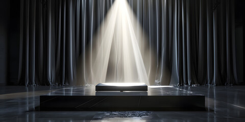 High-end product reveal on a reflective obsidian platform, under a dramatic white spotlight against a dark curtain 