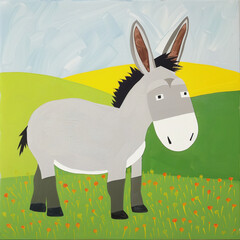Funny card for birthday. Portrait of donkey on bright background - 759983222