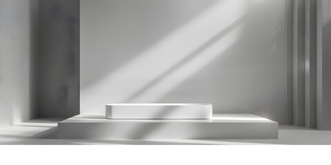 Minimalist product pedestal on a stage of pure white, bathed in a soft, diffused glow to showcase design purity 