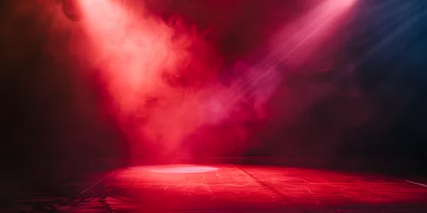 Fototapeten Mysterious stage with a single red spotlight, casting dramatic light through hazy mist  © Abstract Delusion