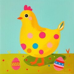 Funny card for birthday. Portrait of chick on bright background - 759983689