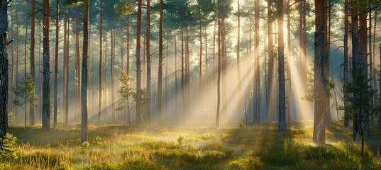 Tranquil forest glade with sunlight filtering for ideal text placement in serene setting - obrazy, fototapety, plakaty