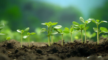 Seedlings sprout in fertile soil, new growth