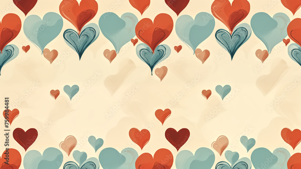 Poster a whimsical array of stylized hearts in various shades of red and blue floating on a creamy pastel b