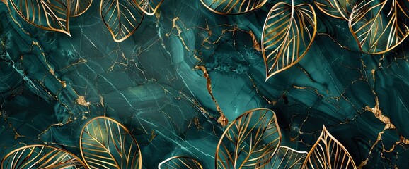 Obrazy na Plexi  Luxury background with golden line art leaves on emerald green marble texture. AI generated illustration