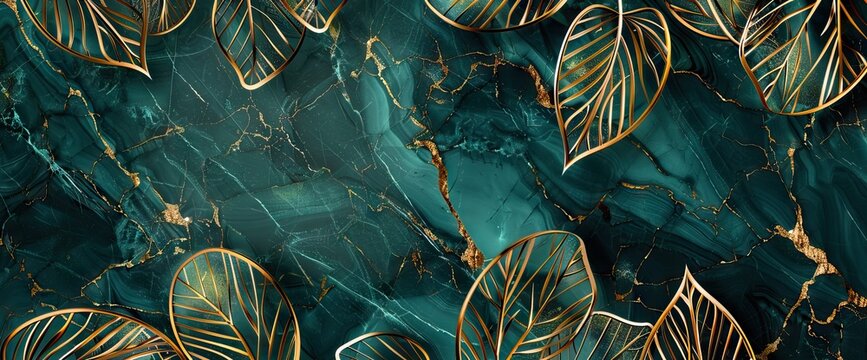 Fototapeta Luxury background with golden line art leaves on emerald green marble texture. AI generated illustration