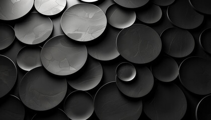 dark minimalistic abstract wallpaper with an array of overlapping graphite circles and ellipses, creating a sense of depth on a pure black canvas.  - obrazy, fototapety, plakaty