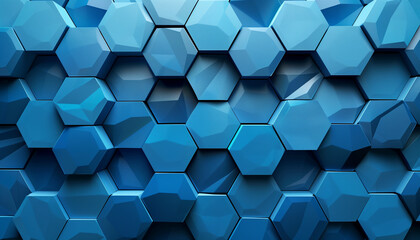 minimalistic abstract backdrop with a tessellation of hexagons, fading from cobalt to sky blue.  - obrazy, fototapety, plakaty