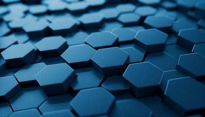 minimalistic abstract background featuring a network of hexagons in a gradient of blues, from deep navy to a light azure. 
