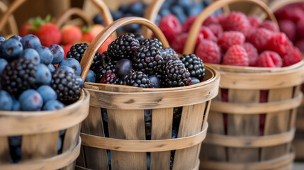 Close-up of ripe blueberries, blackberries, and raspberries in rustic wooden baskets, showcasing...