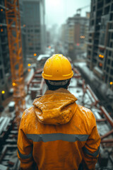 Construction Worker Overlooking Urban Site in Misty Weather