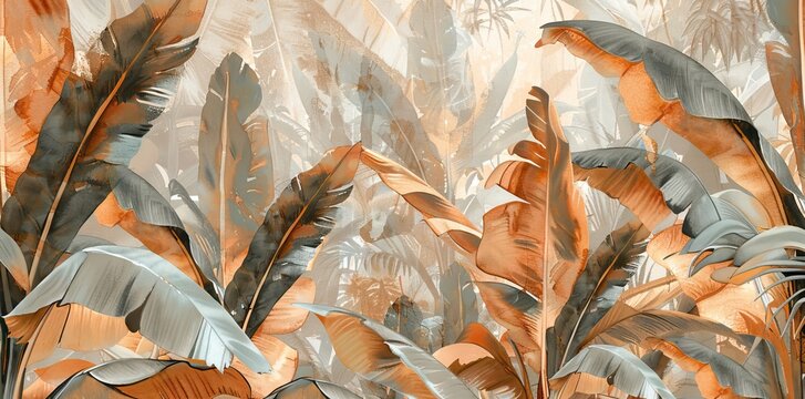 Fototapeta 3D wallpaper, banana leaves in the jungle, brown and gray tones, detailed foliage in the background. AI generated illustration