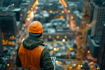 Construction Worker Overlooking Urban Site at Dusk
