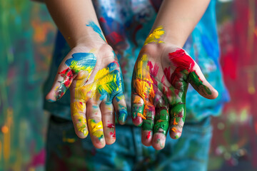 A close-up of a teen's hands joined together, painted with the colors