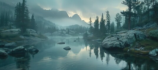 Tranquil lake reflecting mountains and trees, ideal serene backdrop for text placement
