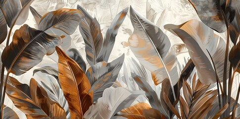 3D wallpaper, banana leaves in the jungle, brown and gray tones, detailed foliage in the background. AI generated illustration