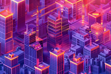 Isometric building construction site in the city. Modern skyscraper or monolithic building construction, tower crane, trucks, workers, excavator and other construction machinery.