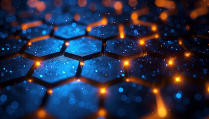 minimalistic abstract pattern with a hexagonal lattice, illuminated at various nodes to suggest connectivity and data flow. - obrazy, fototapety, plakaty