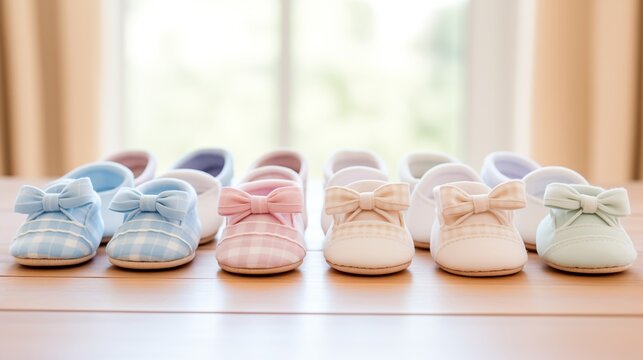 Adorable Baby Shoes Lined Up Neatly On A Pastel Blue Blanket In A Cozy Nursery.