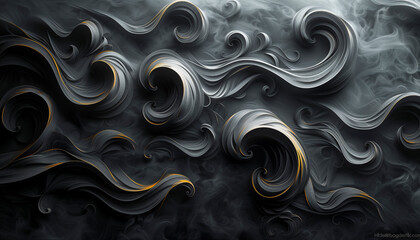 Obraz premium minimalistic abstract tapestry with a repeating motif of charcoal swirls and curls on a matte black backdrop. 