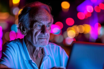Elderly Man Using Laptop at Night with Colorful Lights