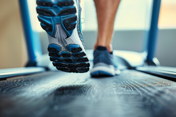 Active running workout in a fitness center. Close-up of legs in sneakers, girl athlete doing sports...